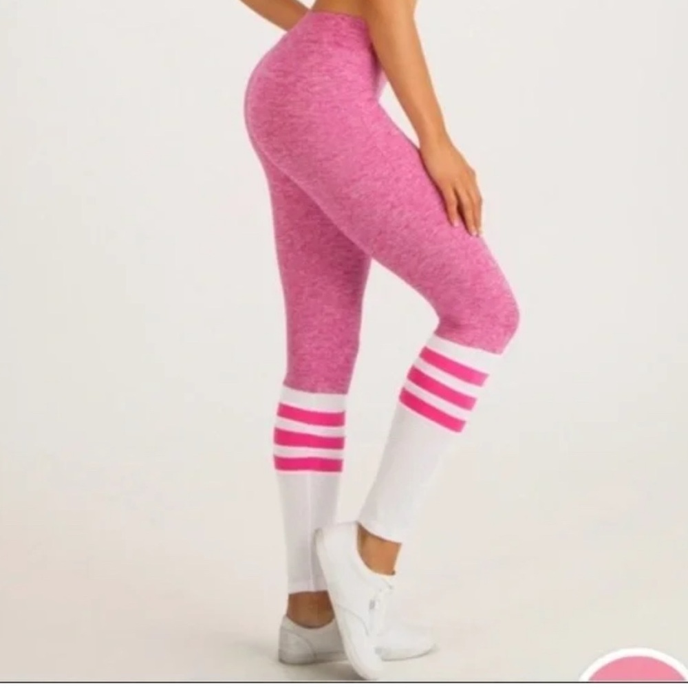 Bombshell Sportswear Pink and White Leggings with Athletic Stripes